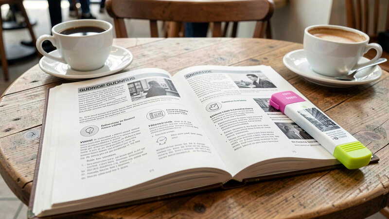 An open printed guideline booklet on a cafe table next to a coffee cup, with a highlighter resting on the page.