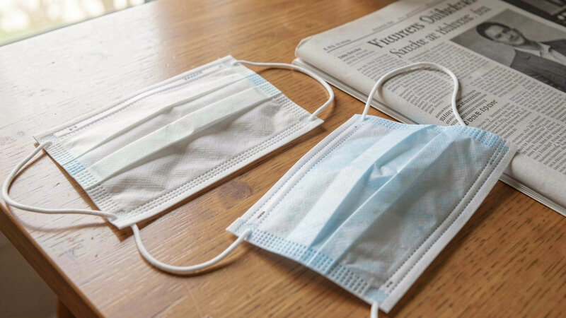 A folded cloth mask and a paper surgical mask lying on a table beside a newspaper, in soft daylight.