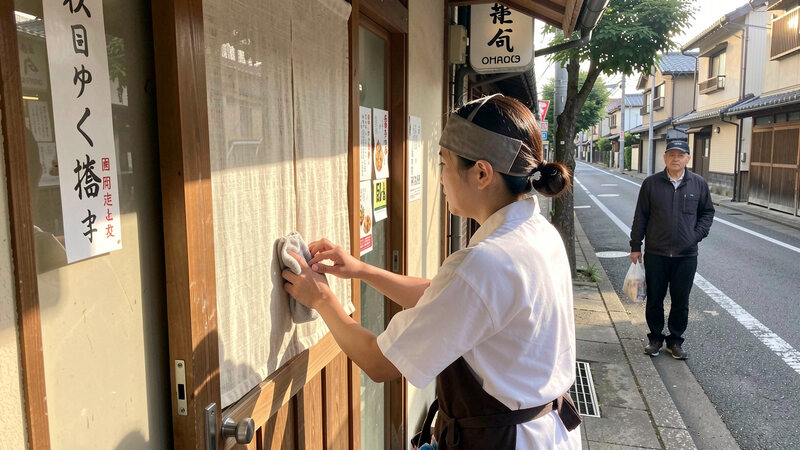 A small Japanese shop entrance in the morning, a staff member wiping the door handle with a cloth while a customer waits on the pavement outside.